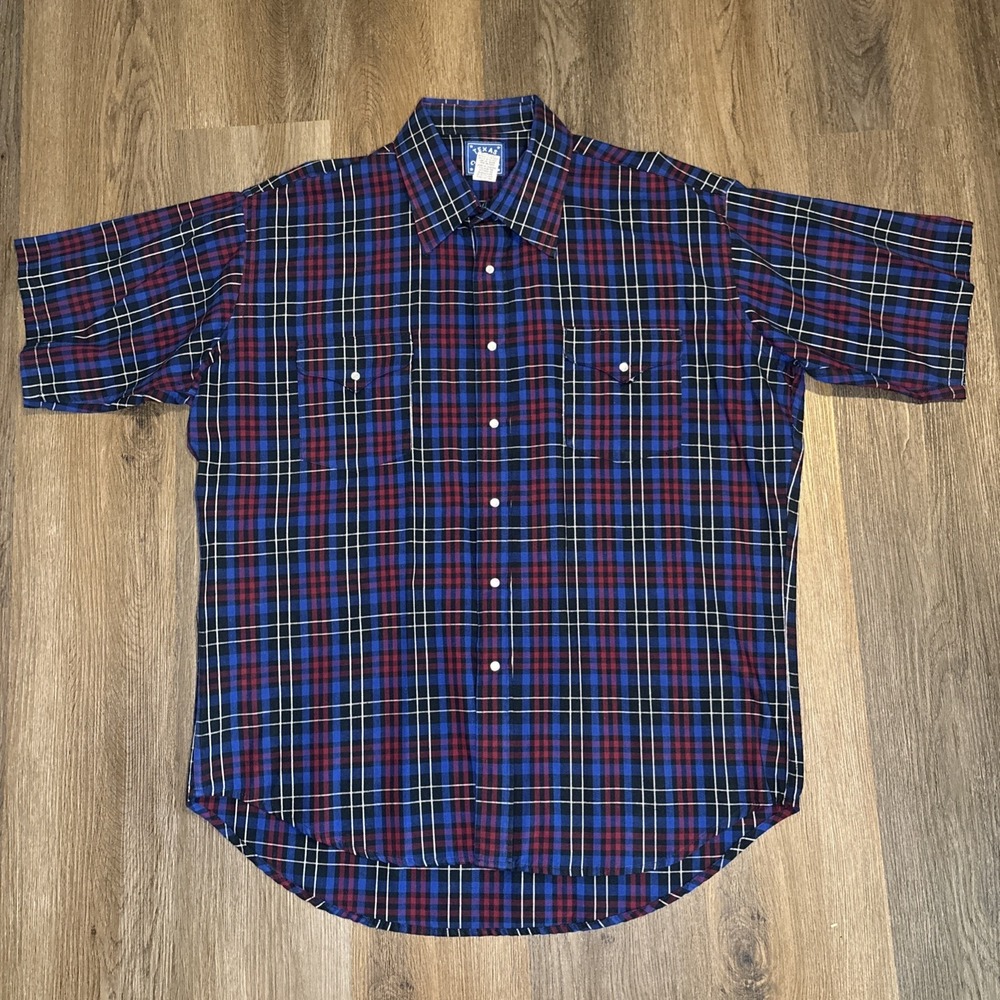 Texas Cotton Pearl Snap Shirt Men XL Red Blue Check Short Sleeve Western Cotton